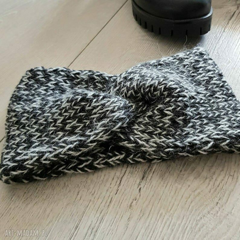 Ciepła, szeroka opaska turban z włóczki - czarna i popiel (Alba Design)