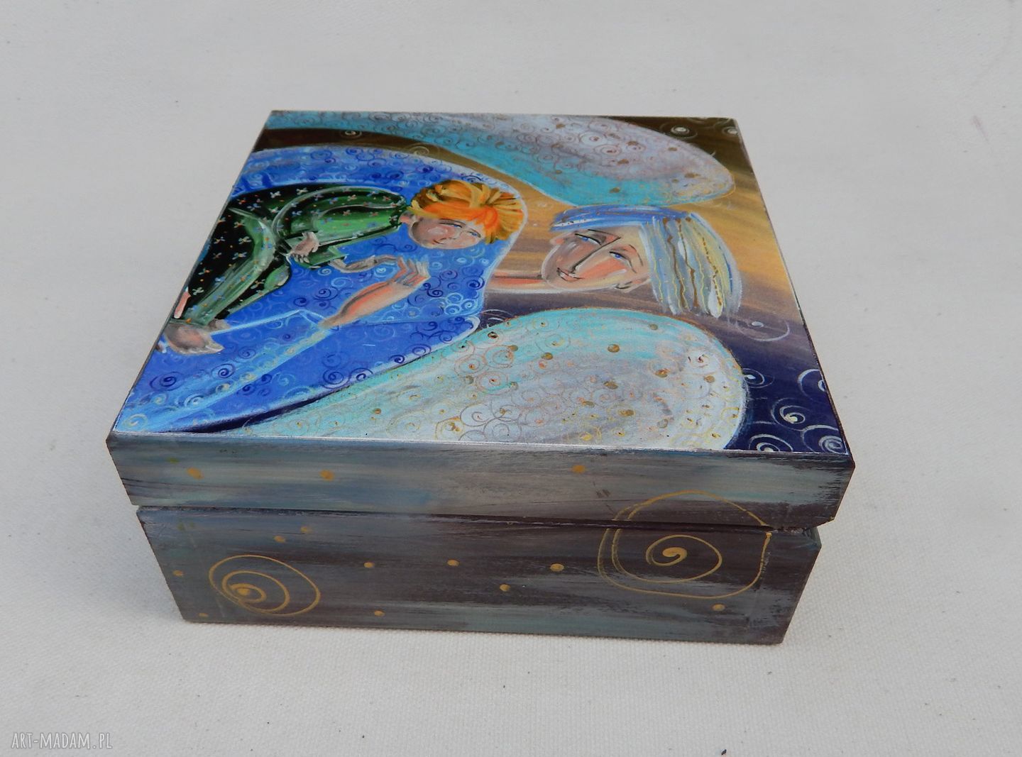Szkatułka Anioł Stróż z dzieckiem 14x14 cm - ręcznie malowana (decoupage)