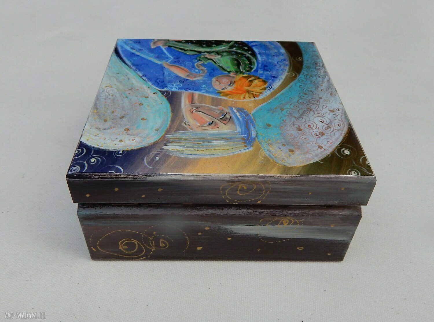 Szkatułka Anioł Stróż z dzieckiem 14x14 cm - ręcznie malowana (decoupage)