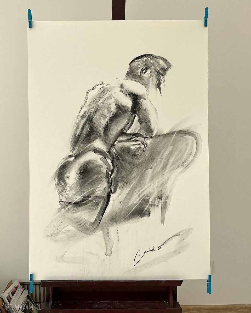 Szkic mężczyzny z węgla 100x70 cm - czarno-biała grafika do domu