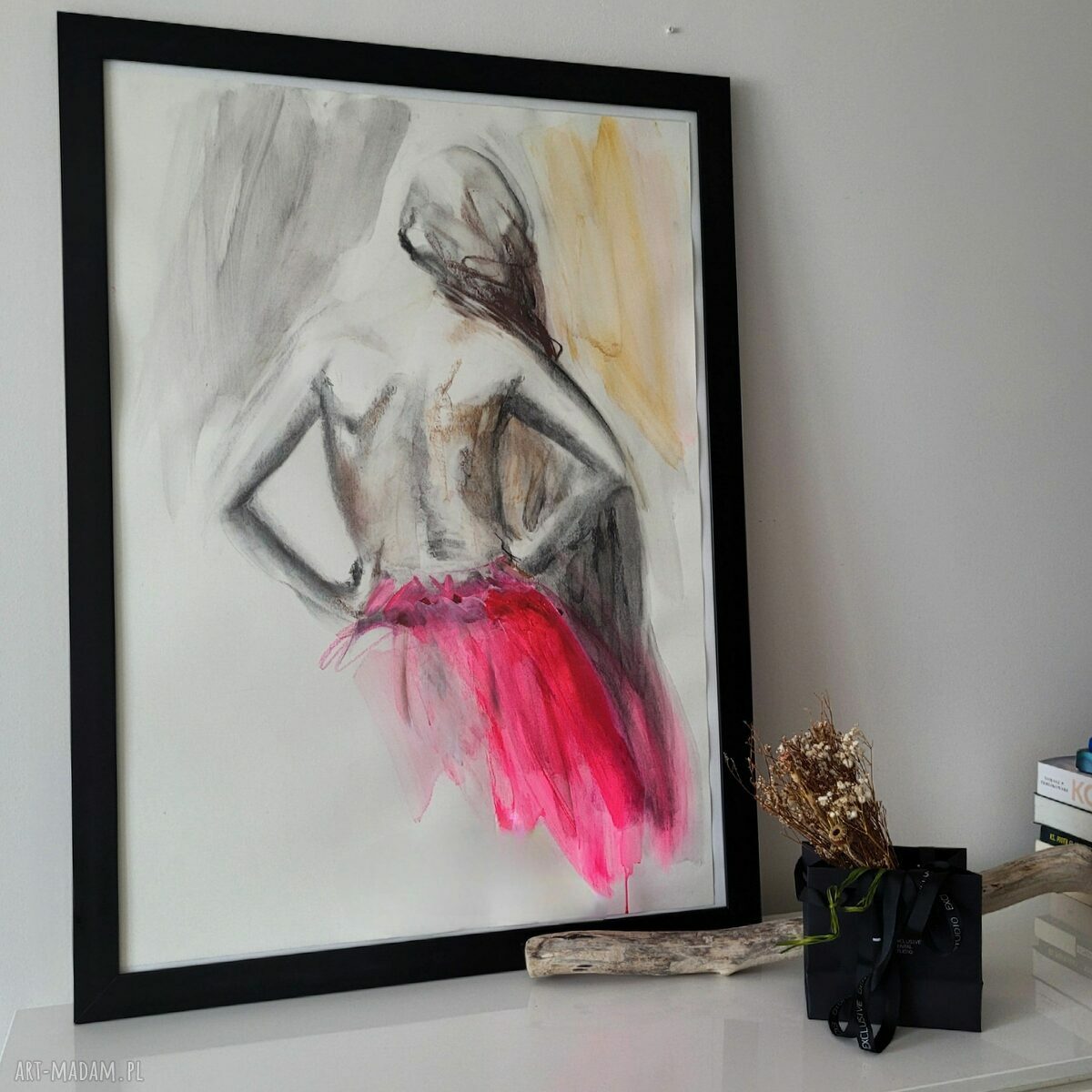 Szkic z różem 100x70 - ręcznie robiony obraz kobiecy na papierze