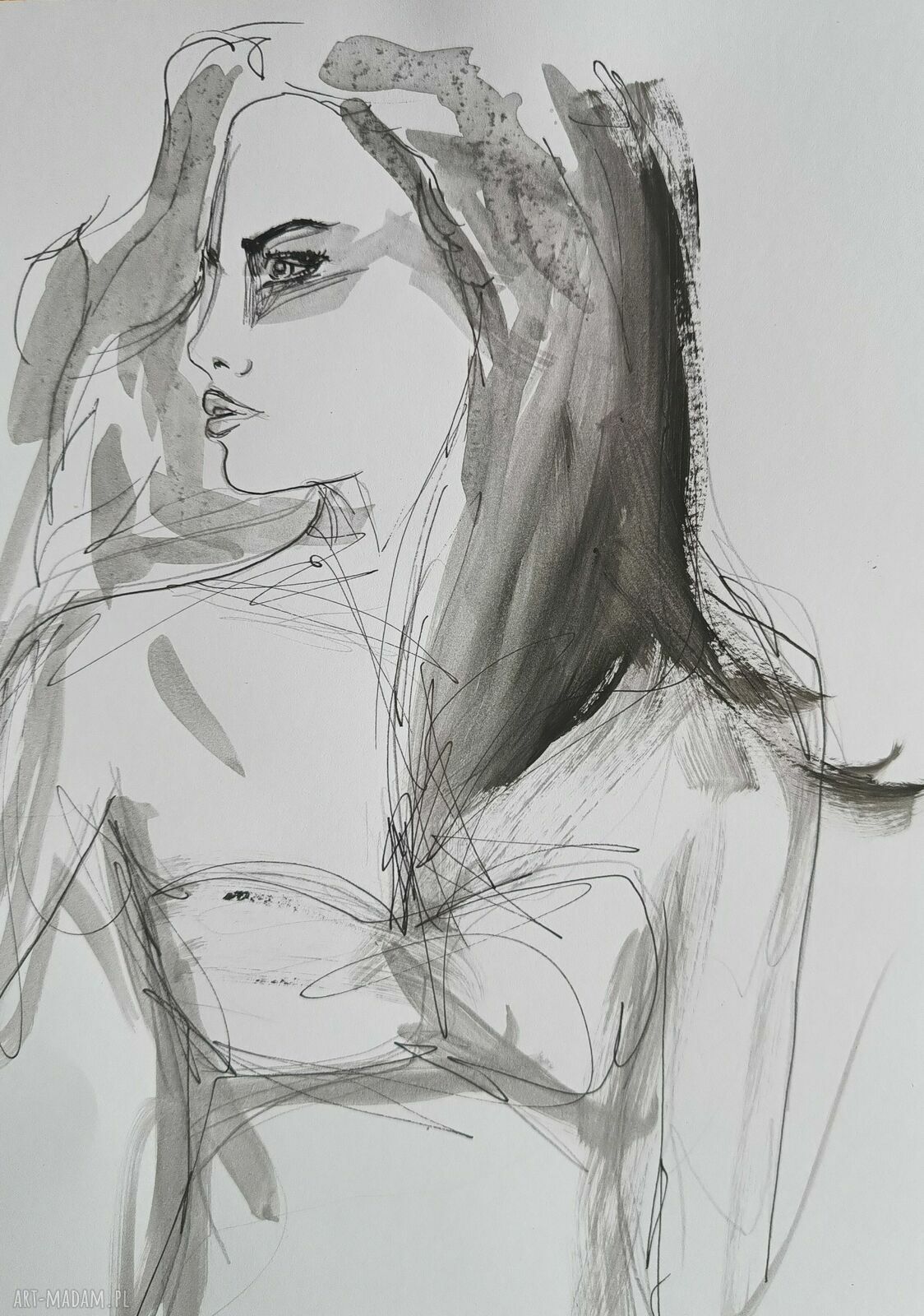 Szkic z wybiegu - autorska grafika kobiety w technice mieszanej