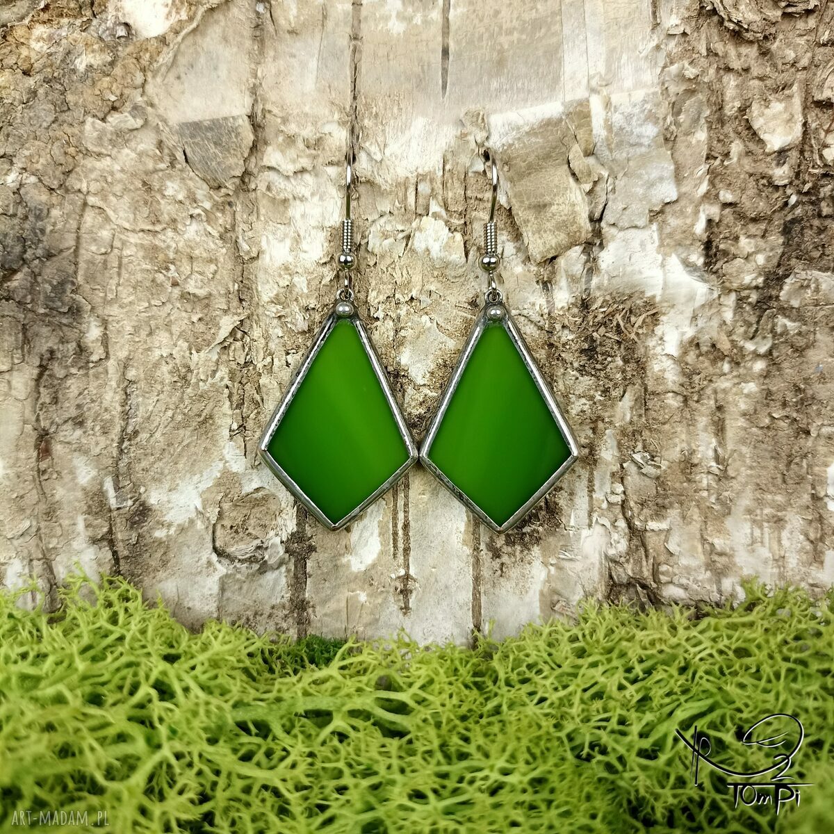 Szklane kolczyki Deltoidy (zielone) - technika Tiffany, handmade