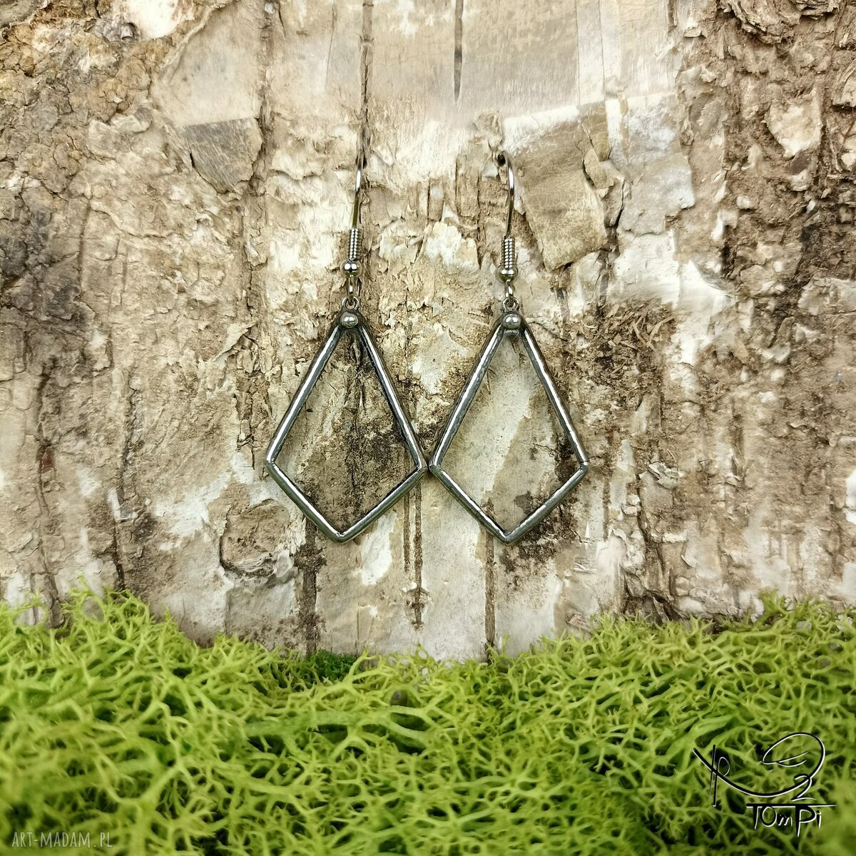 Szklane kolczyki deltoidy bezbarwne Tiffany - handmade z patynowaną cyną