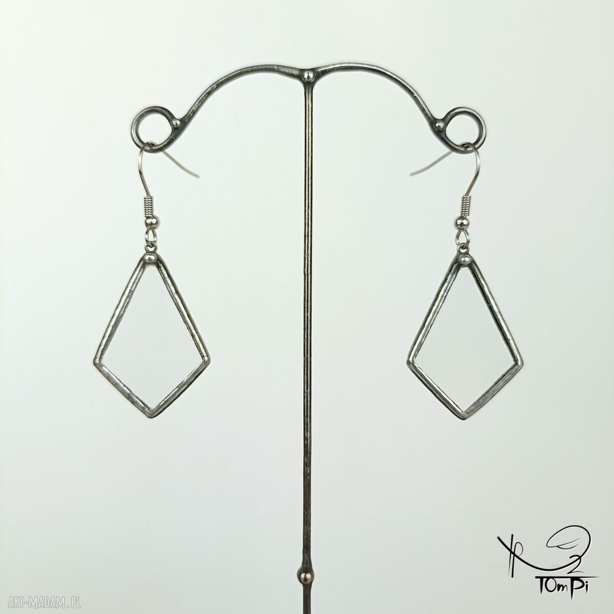 Szklane kolczyki deltoidy bezbarwne Tiffany - handmade z patynowaną cyną