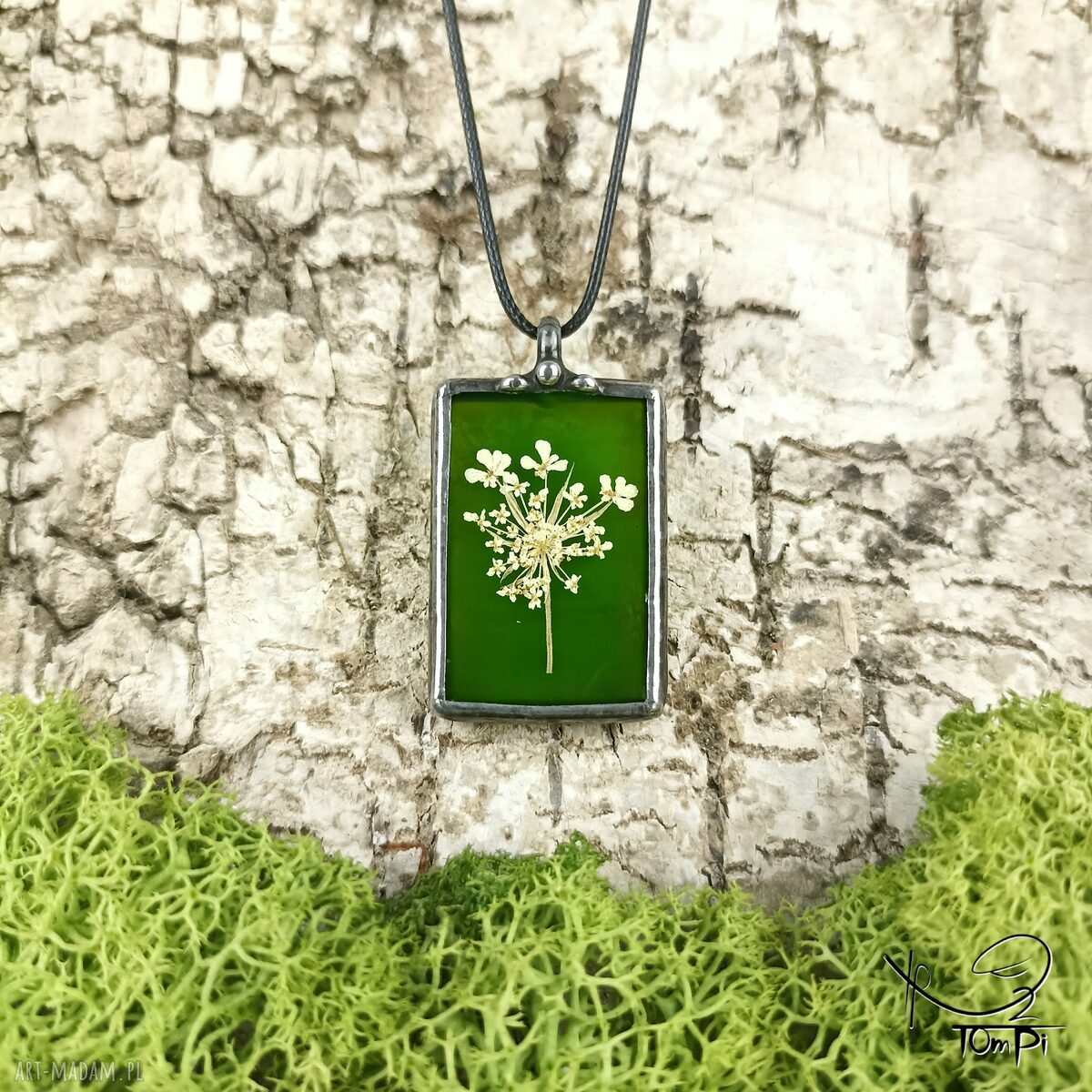 Szklany medalion prostokątny z kwiatostanem trybuli (zielony) - wisiorek Tiffany handmade