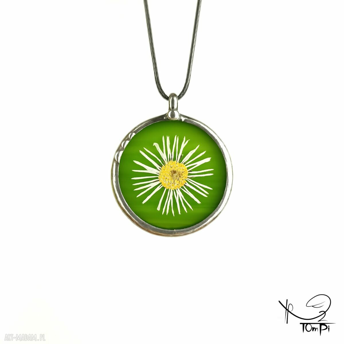 Szklany medalion Tiffany ze stokrotką - wisiorek koło (zielony)