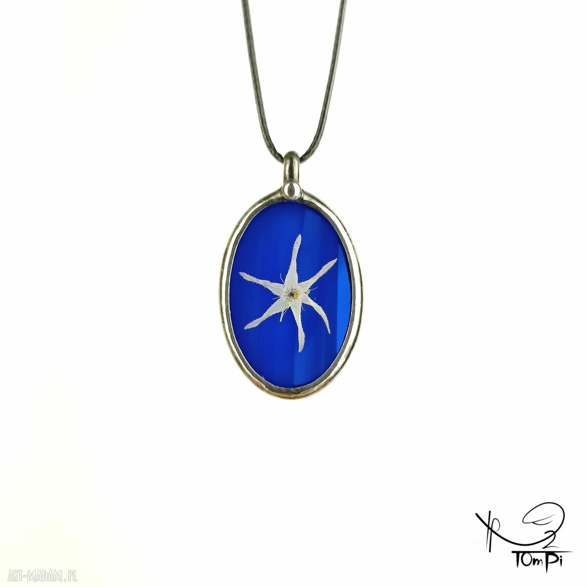 Szklany medalion elipsa z kwiatem kolczurki (kobaltowy) - wisiorek Tiffany handmade