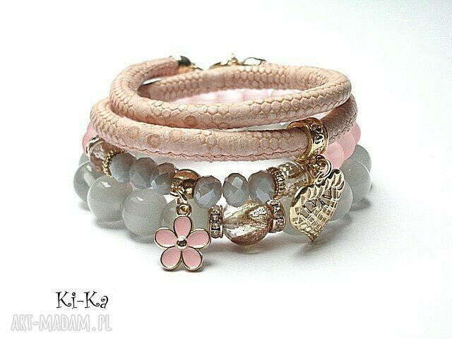 Grey and pink vol set rzemień uleksyt kwarc kryształki szkło