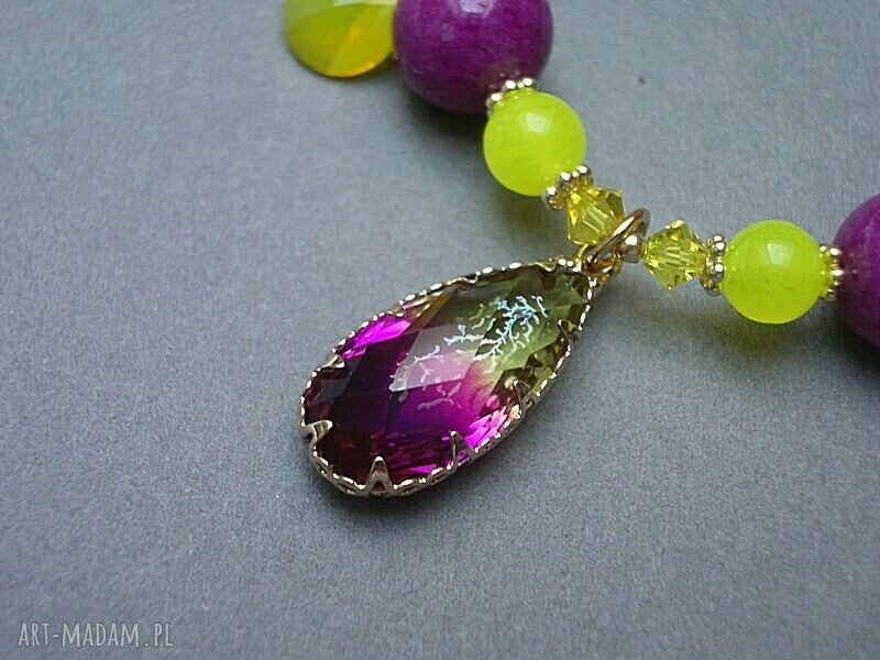 Bransoletka z jadeitem i Swarovski amarant citron, pozłacane przekładki, na gumce silikonowej