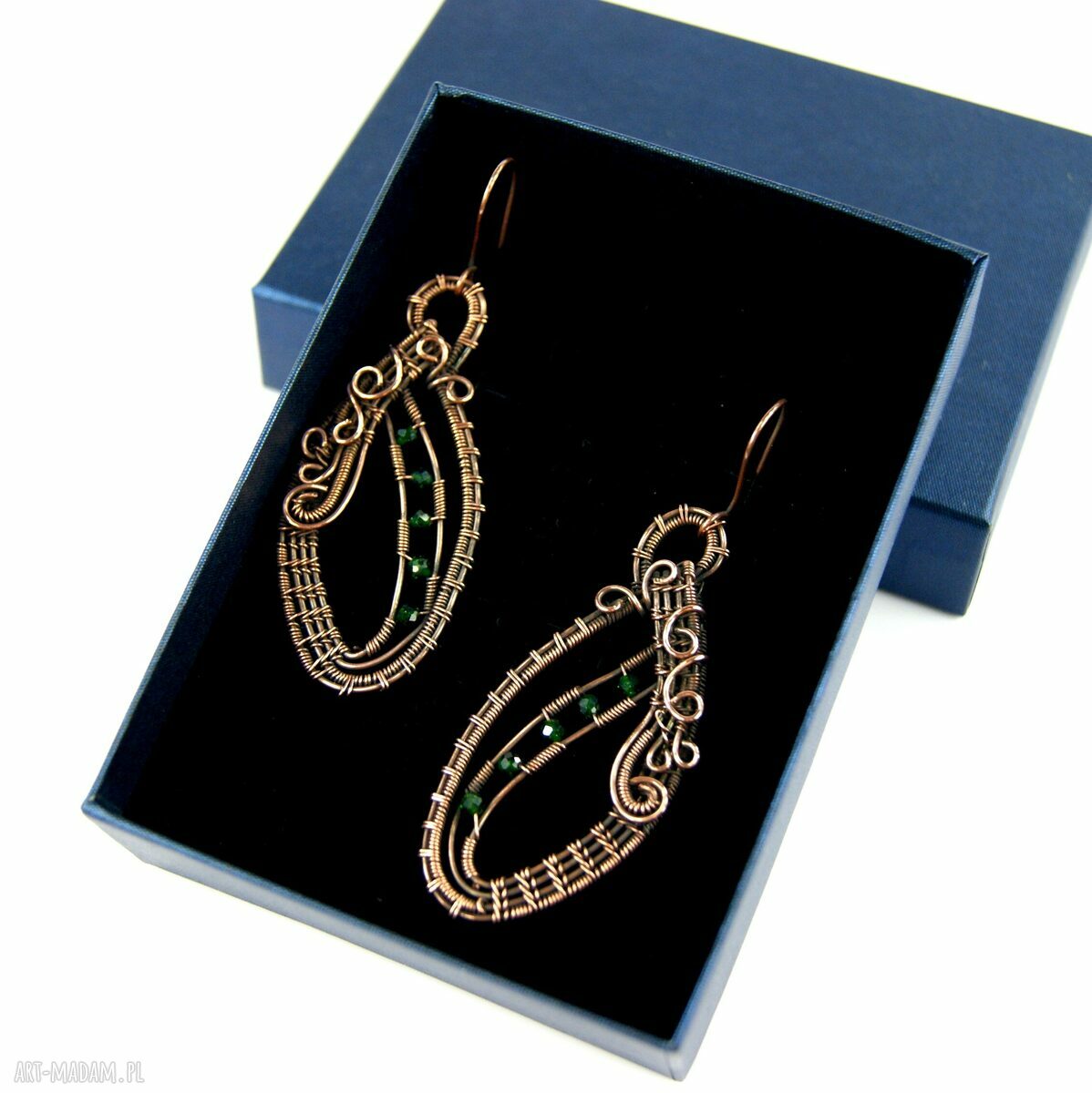 Kolczyki Szmaragd Nilu - miedziane kolczyki wire wrapping dla niej
