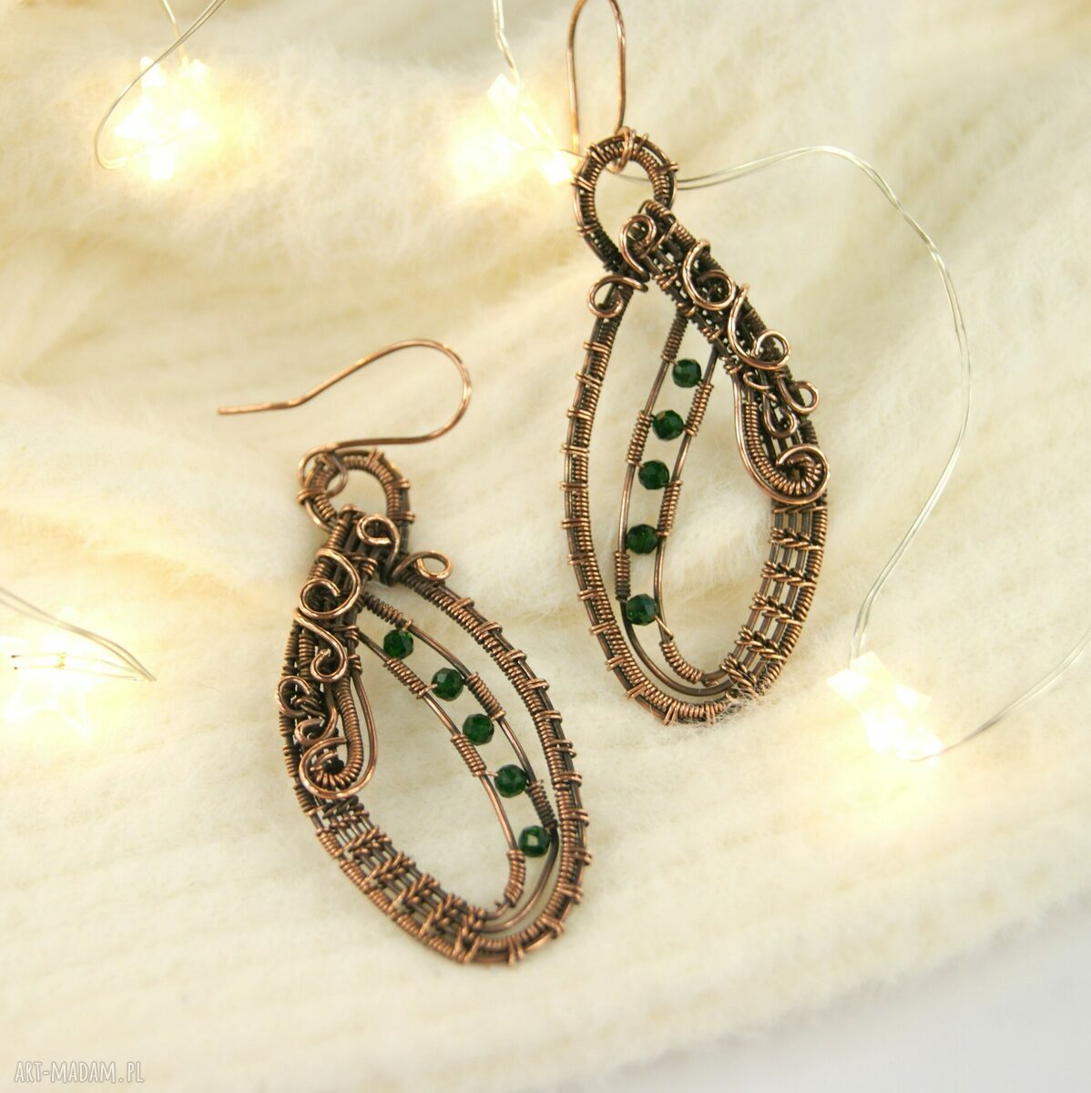Kolczyki Szmaragd Nilu - miedziane kolczyki wire wrapping dla niej
