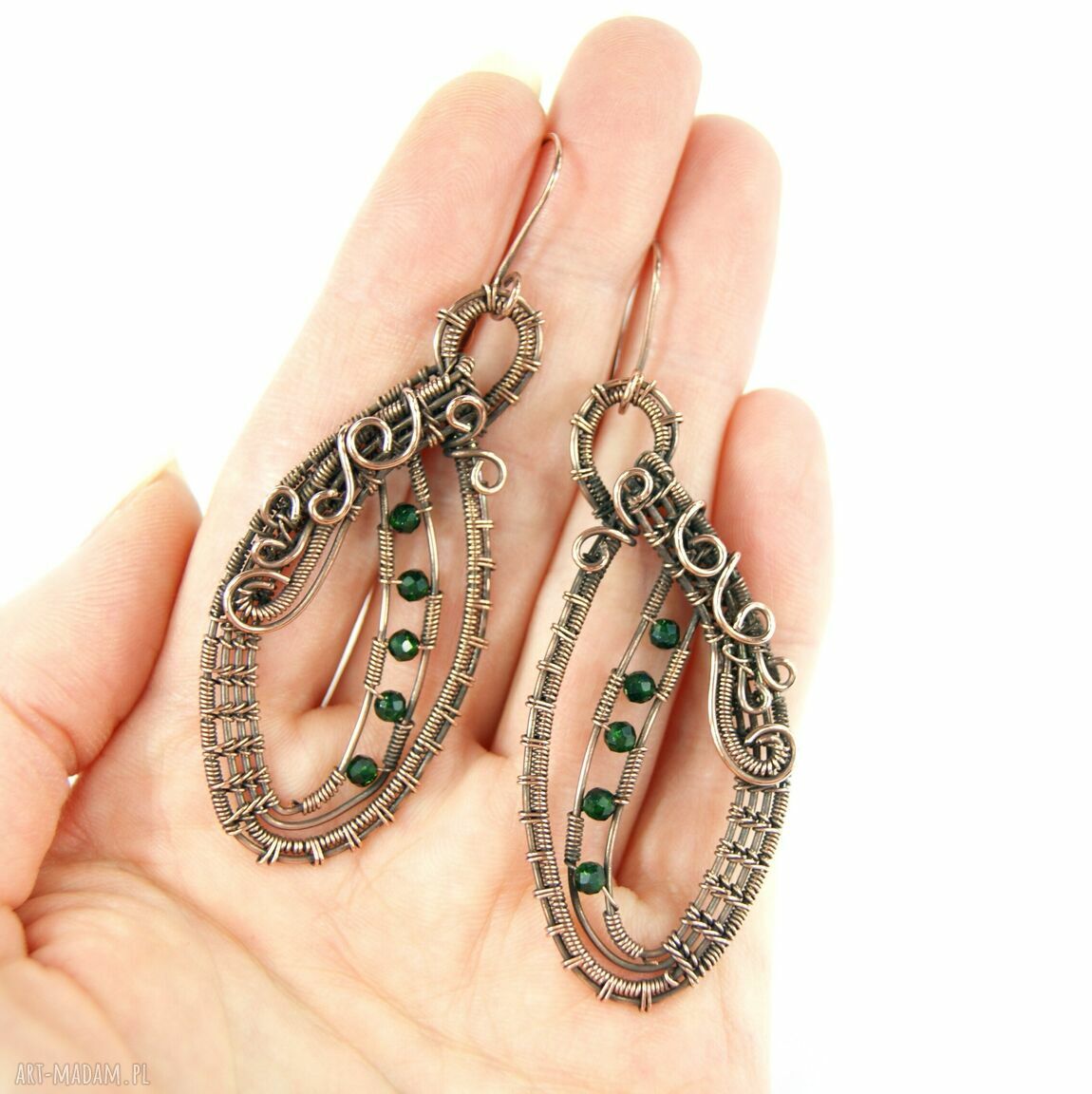 Kolczyki Szmaragd Nilu - miedziane kolczyki wire wrapping dla niej