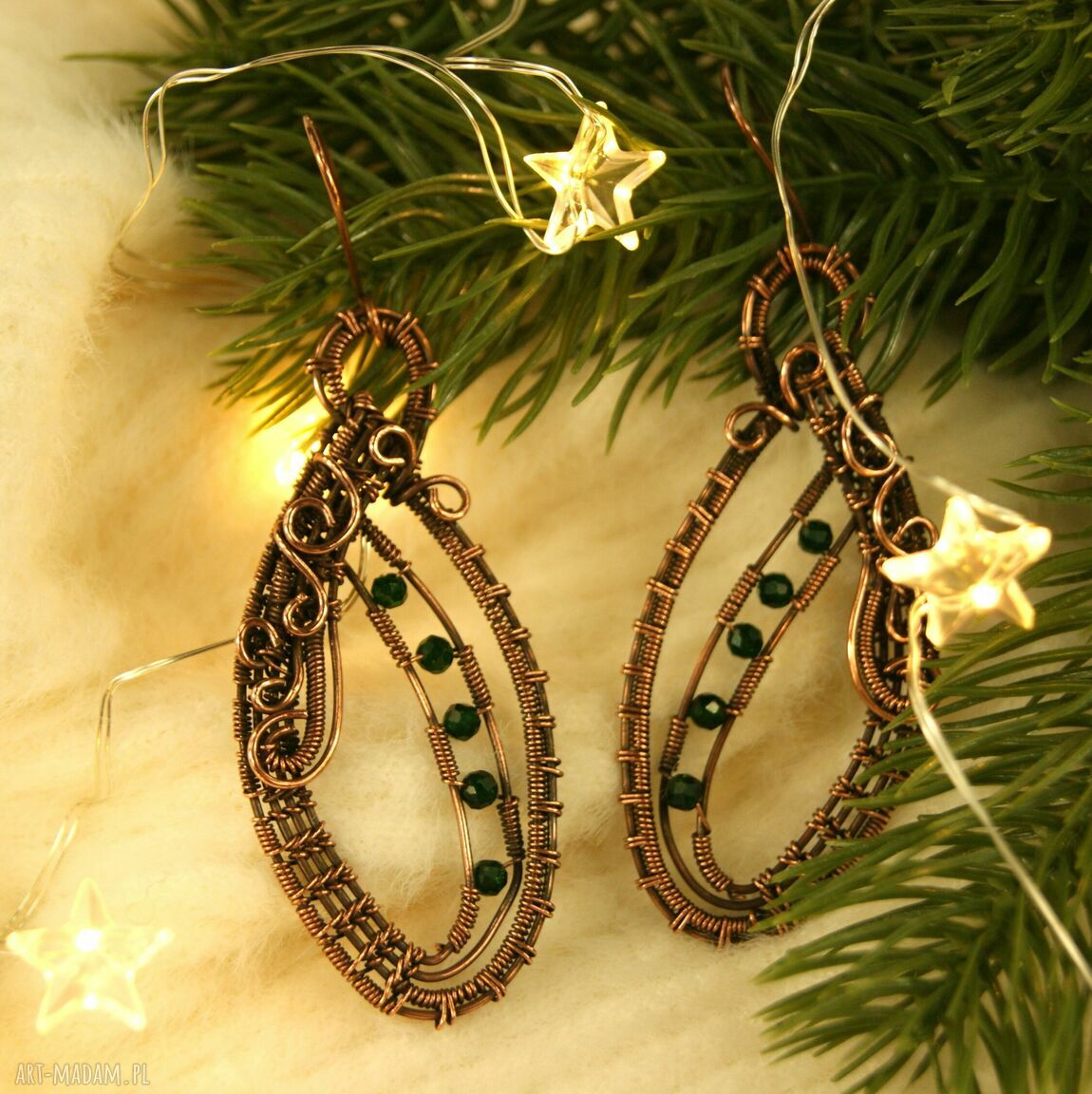 Kolczyki Szmaragd Nilu - miedziane kolczyki wire wrapping dla niej