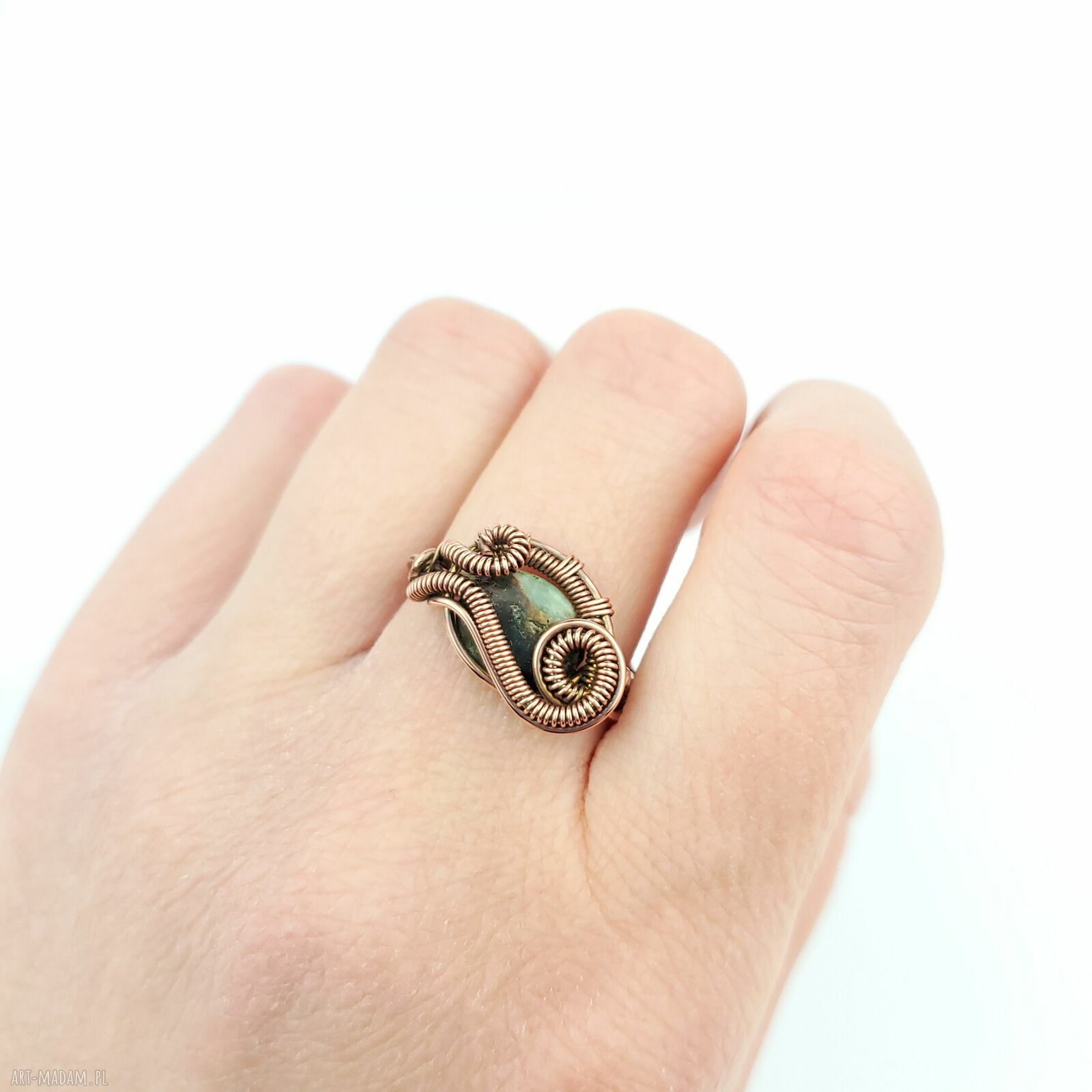 Szmaragd regulowany pierścionek z miedzi - wire wrapping