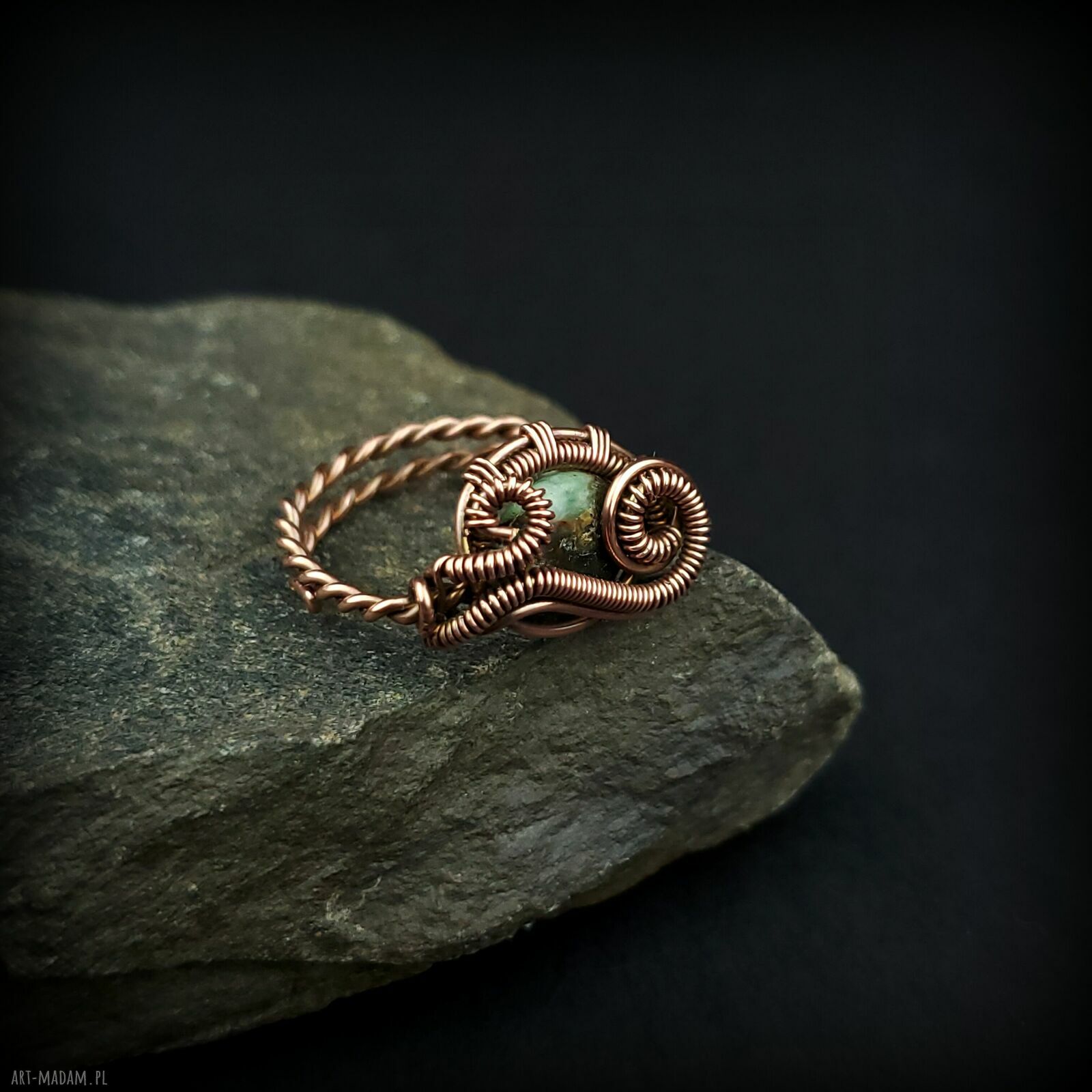 Szmaragd regulowany pierścionek z miedzi - wire wrapping