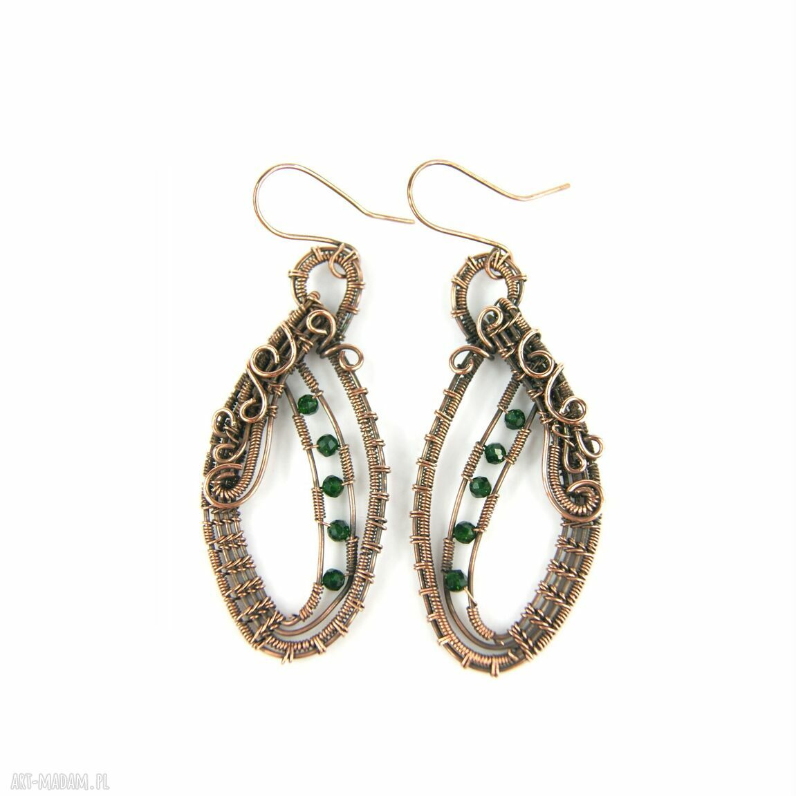 Kolczyki Szmaragd Nilu - miedziane kolczyki wire wrapping dla niej