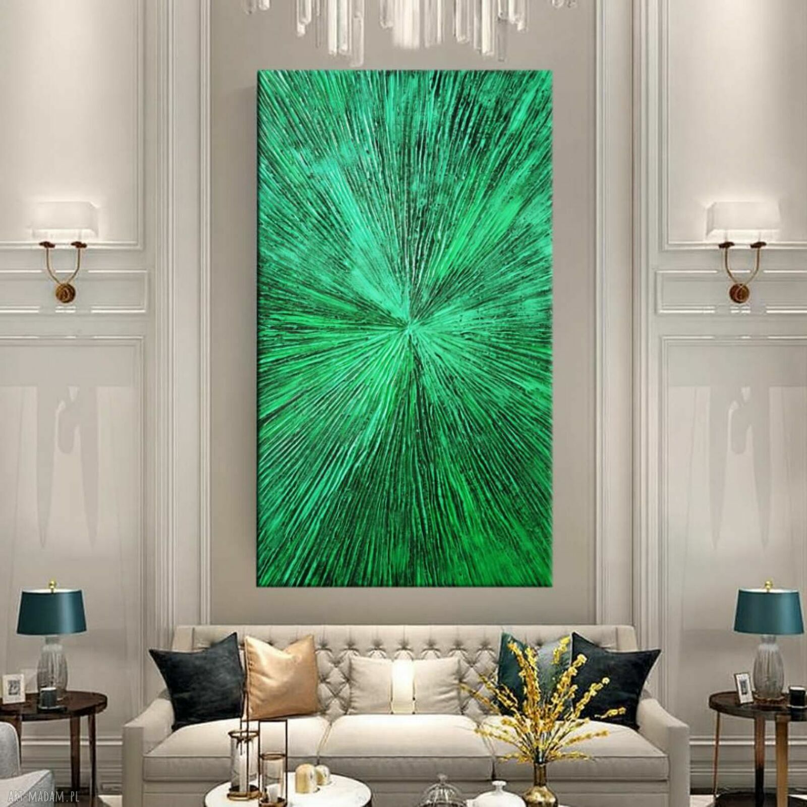 Szmaragdowo-seledynowy duży obraz strukturalny 80x160 cm