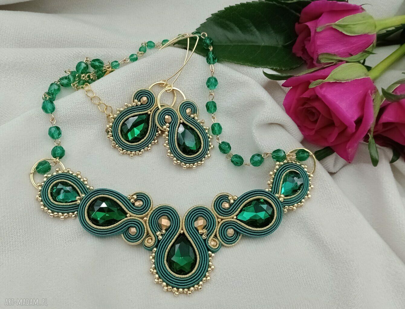 Komplet szmaragdowy złoty soutache: kolia i kolczyki na wesele
