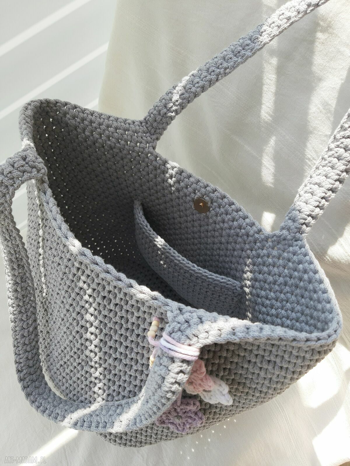Sznurkowa torba na ramię w szarym kolorze - ręczne sploty