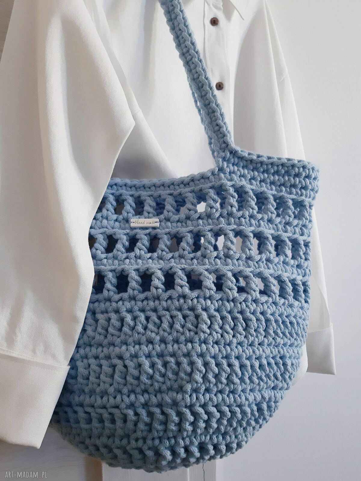 Jasnoniebieska sznurkowa torba ażurowa na ramię handmade