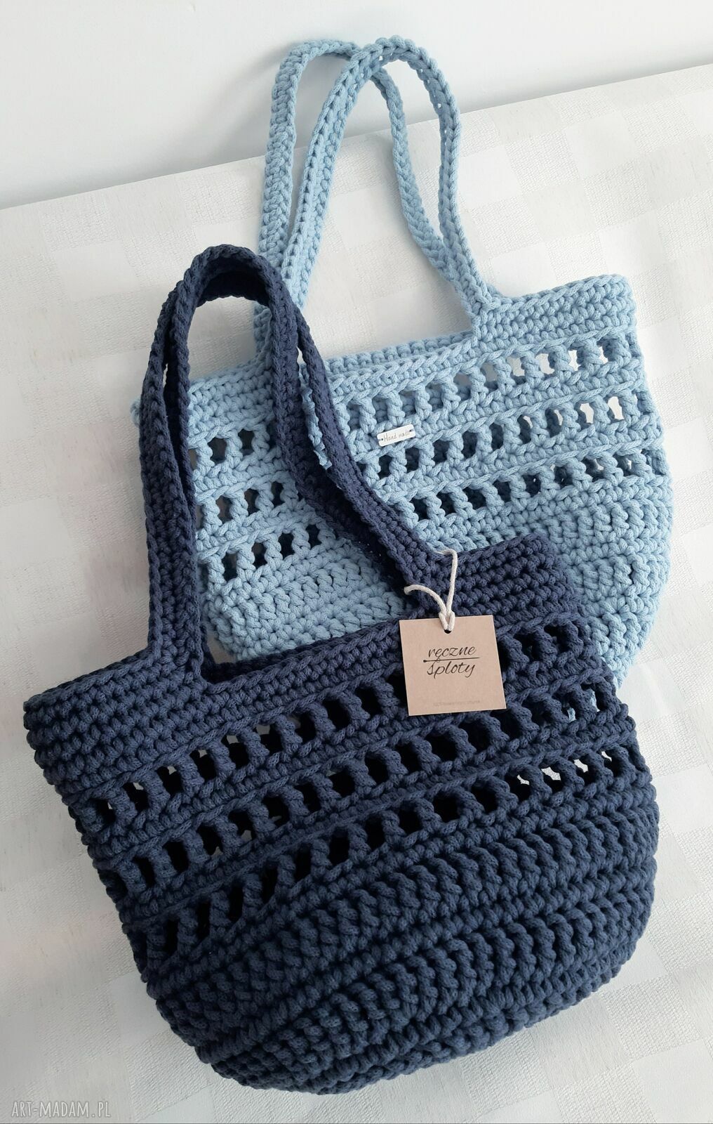Jasnoniebieska sznurkowa torba ażurowa na ramię (handmade)