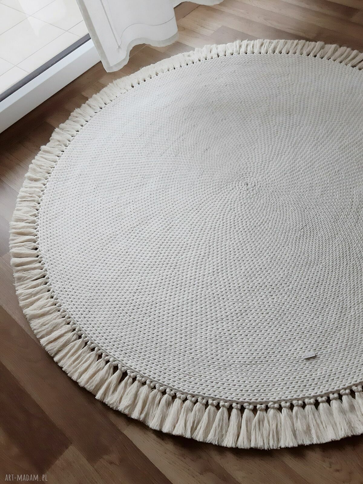 Sznurkowy dywan 150 cm z frędzlami - ecru, ręcznie pleciony