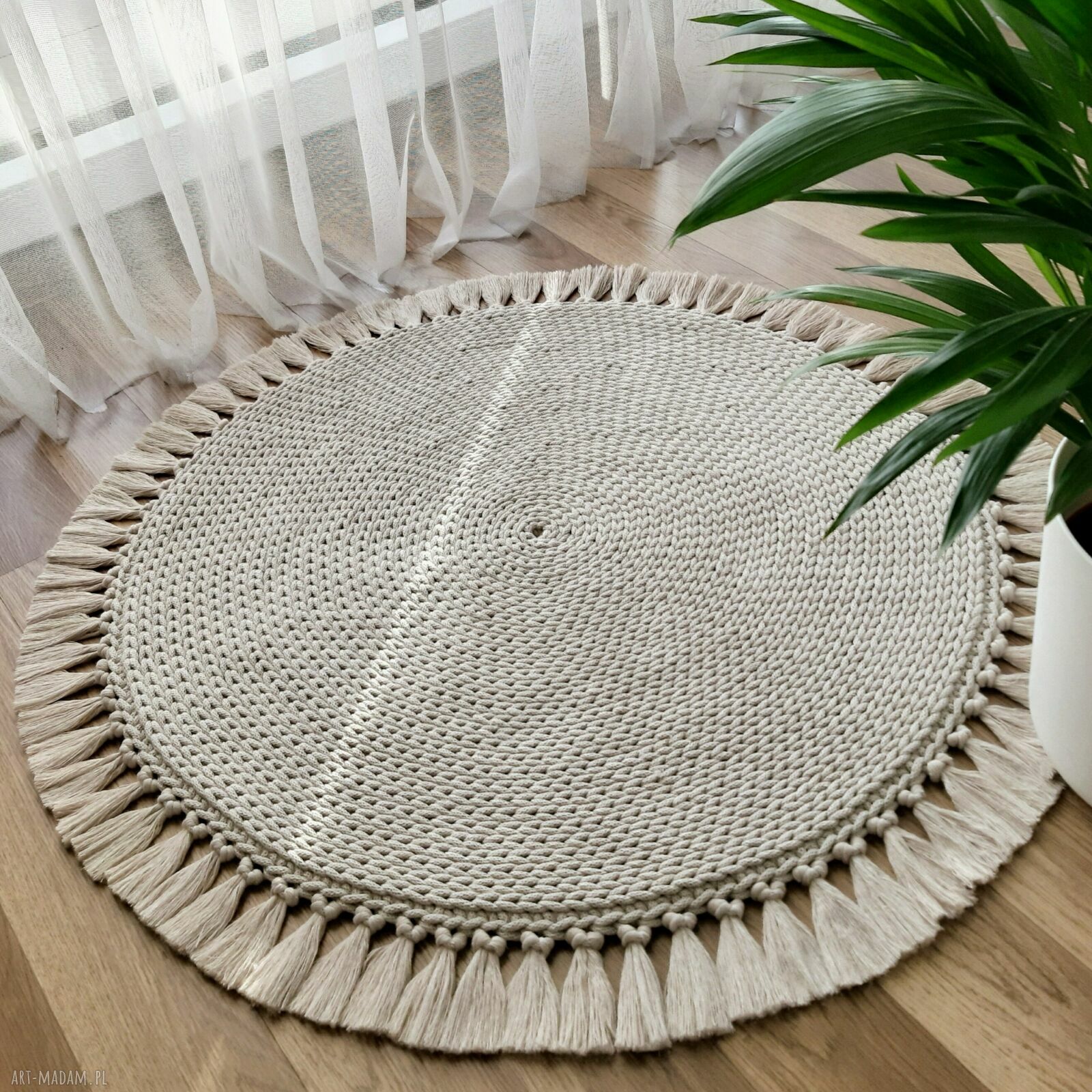 Sznurkowy dywan na indywidualne zamówienie - 150 cm, ecru, frędzle