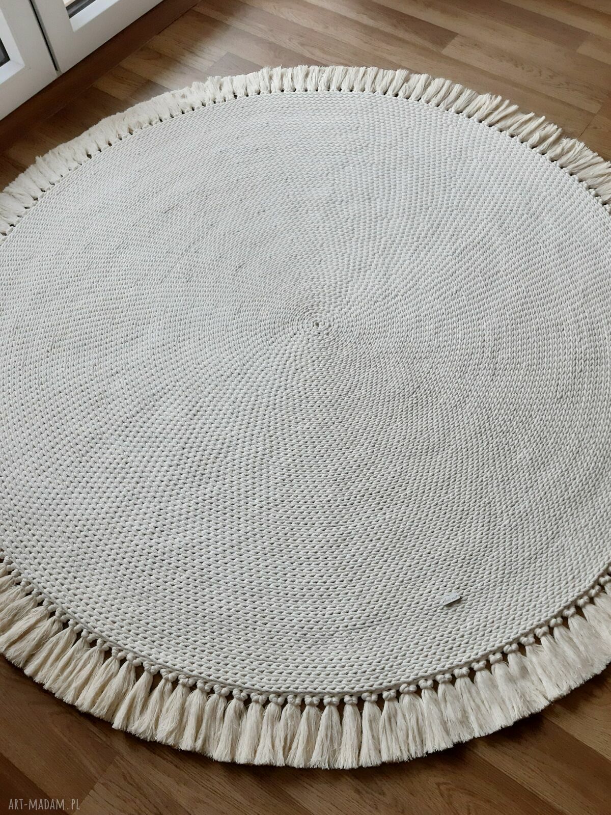 Sznurkowy dywan 150 cm z frędzlami - ecru, ręcznie pleciony