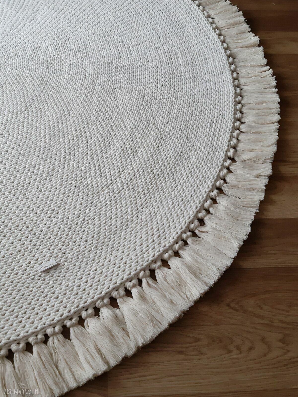 Sznurkowy dywan 150 cm z frędzlami - ecru, ręcznie pleciony
