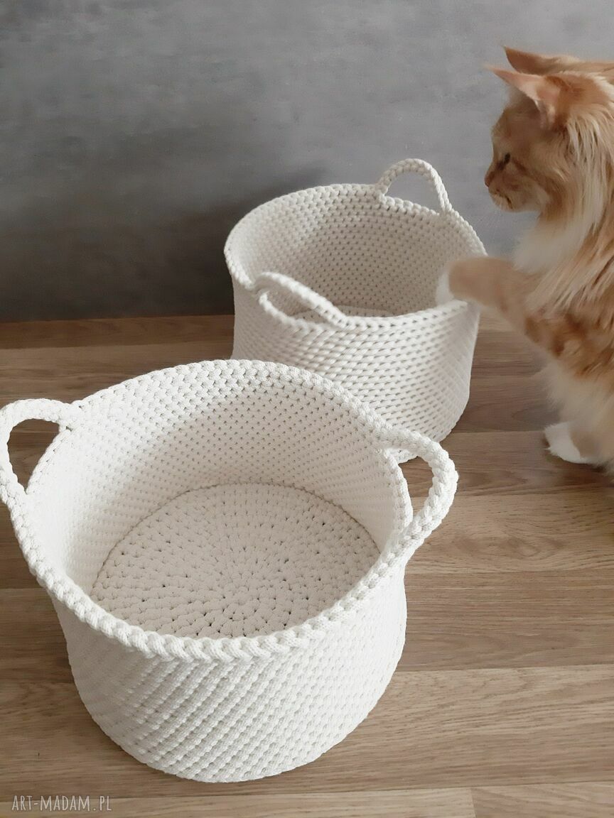 Sznurkowy kosz ręcznie pleciony z uchwytami 32 cm - kremowy