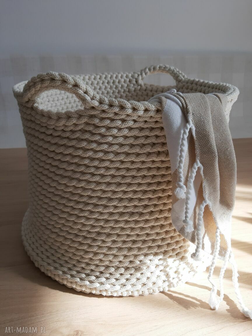 Sznurkowy kosz ręcznie pleciony z uchwytami 32 cm - kremowy