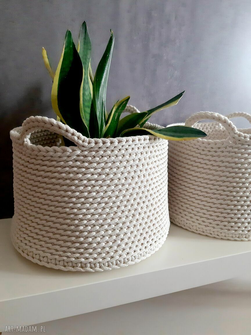 Sznurkowy kosz ręcznie pleciony z uchwytami 32 cm - kremowy