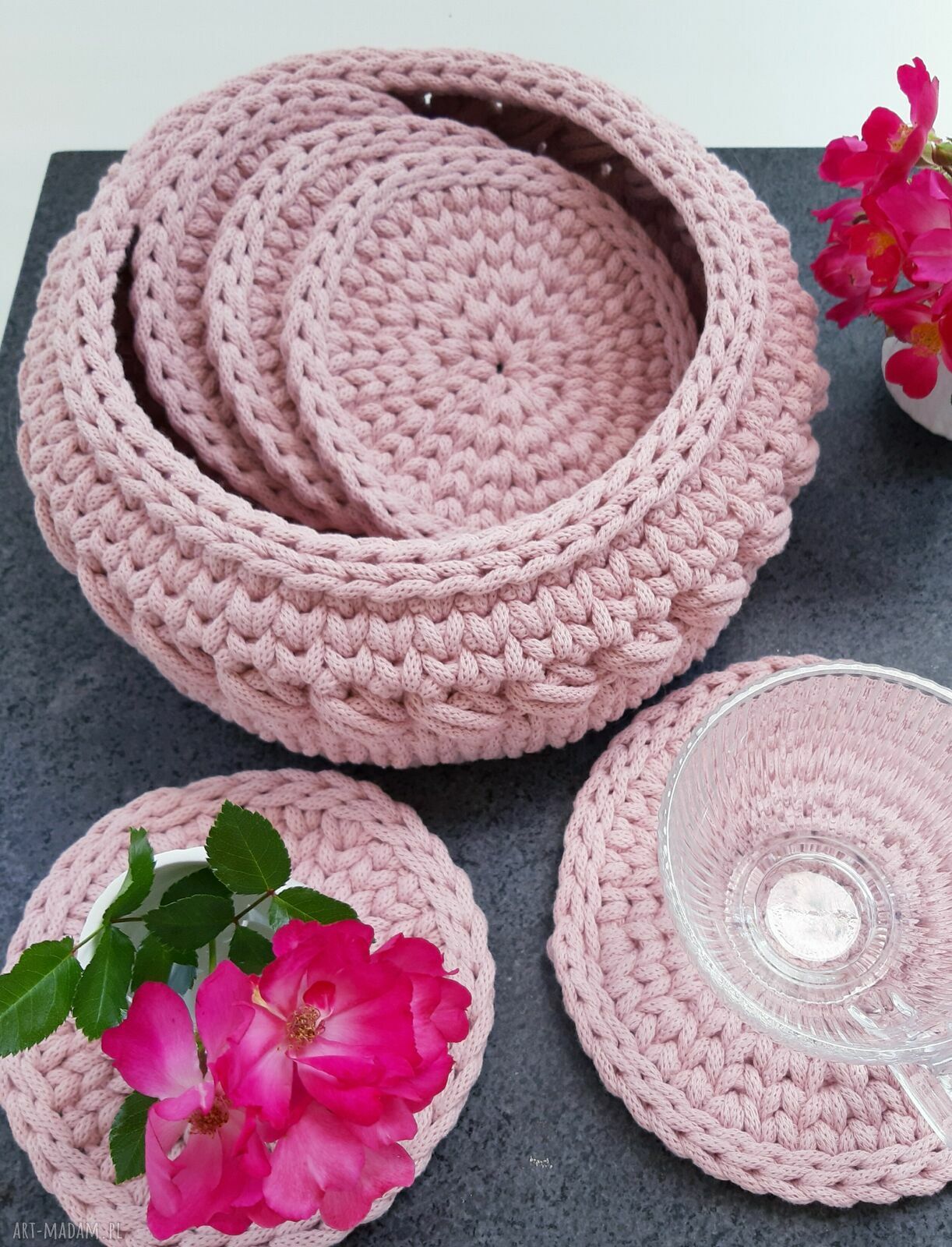 Sznurkowy zestaw podkładek do kawy i herbaty - pastelowy róż