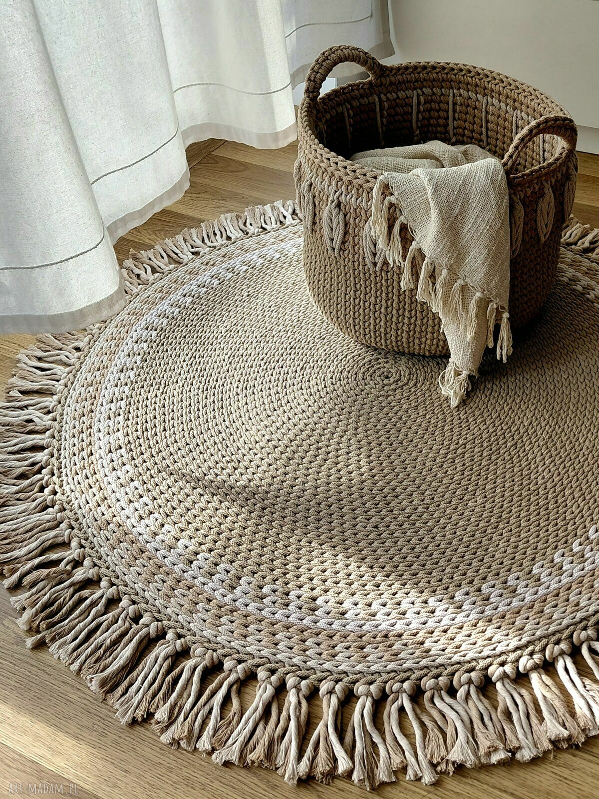 Sznurkowy zestaw do przechowywania z ręcznymi splotami - kosz 34 cm i dywanik z frędzlami 95 cm