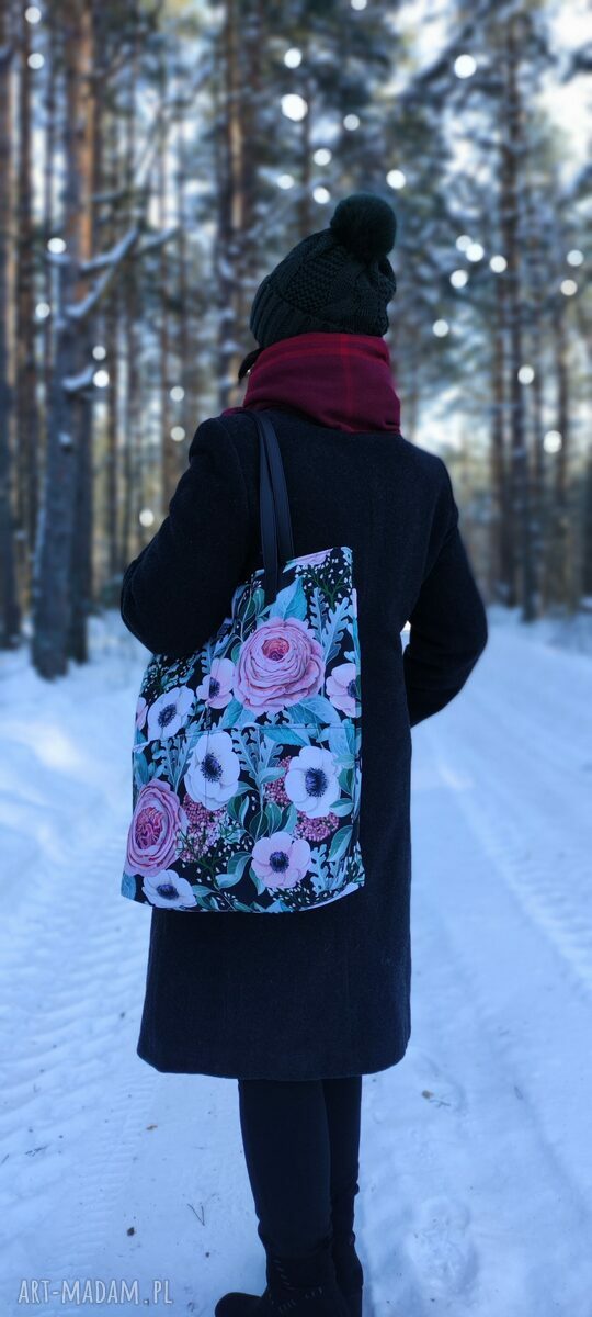 Beżowa szoperka z kieszeniami na ramię - handmade, mieści A4