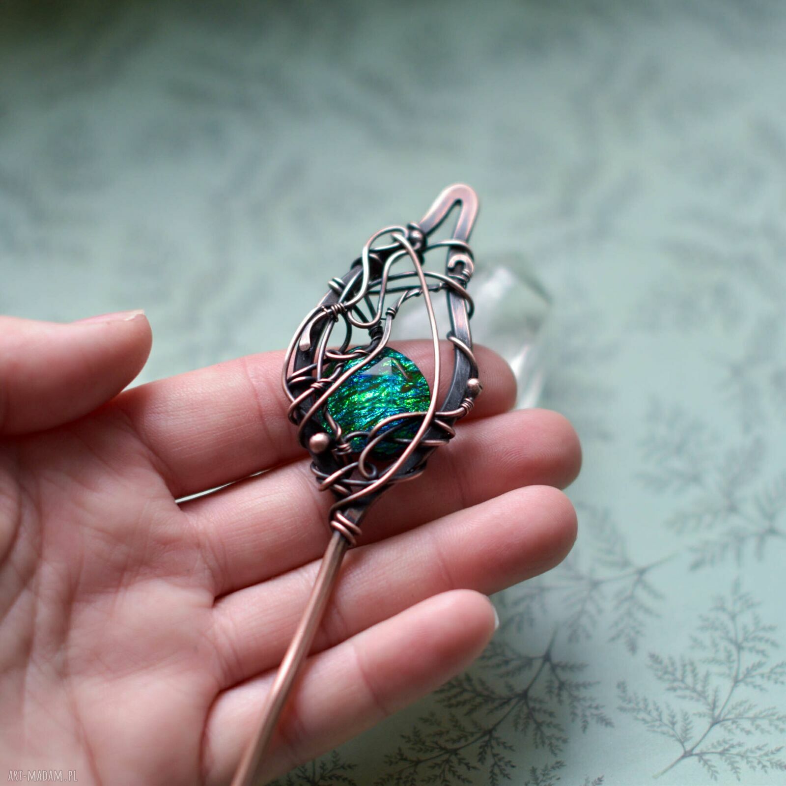Szpila do włosów w bajkowym klimacie - miedziana spinka wire wrapping