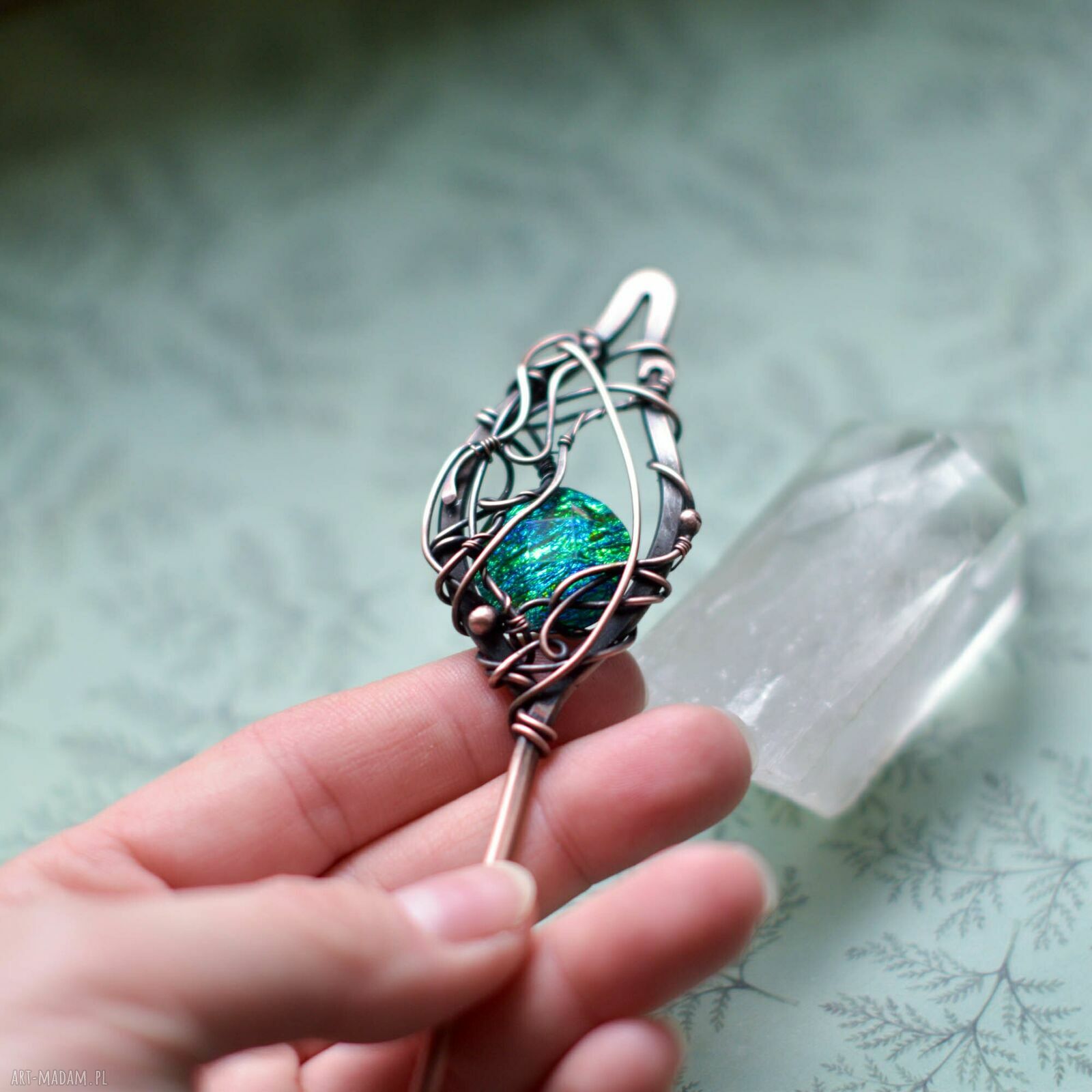 Szpila do włosów w bajkowym klimacie - miedziana spinka wire wrapping