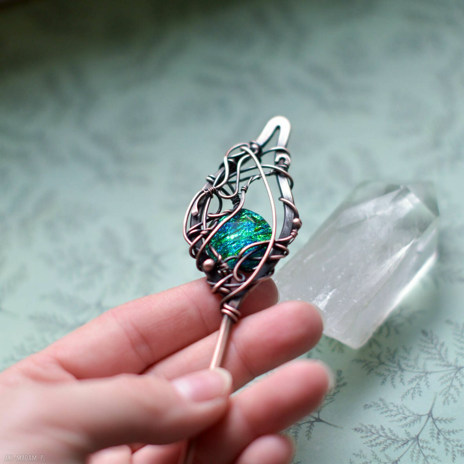 Szpila do włosów w bajkowym klimacie - miedziana spinka wire wrapping
