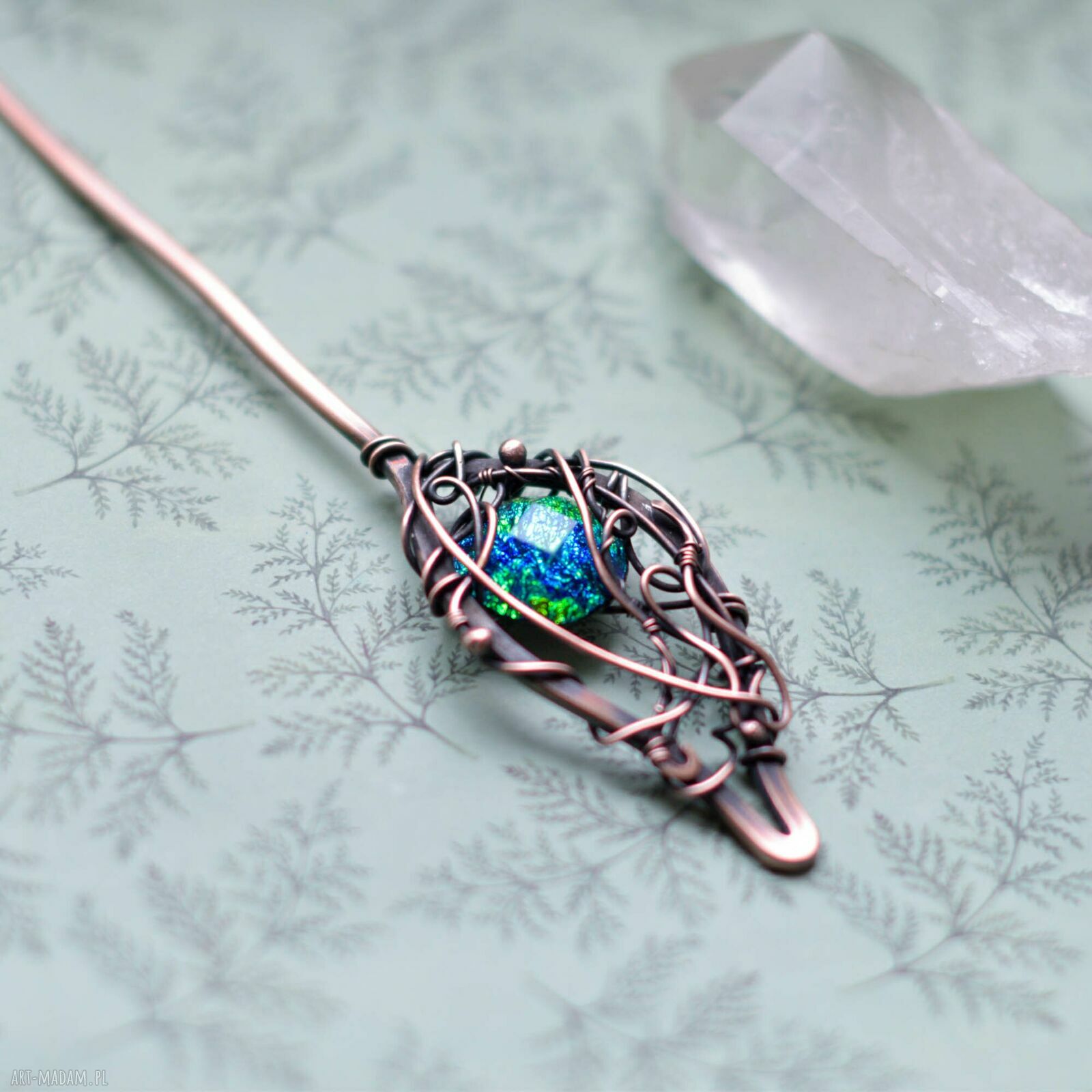 Szpila do włosów w bajkowym klimacie - miedziana spinka wire wrapping