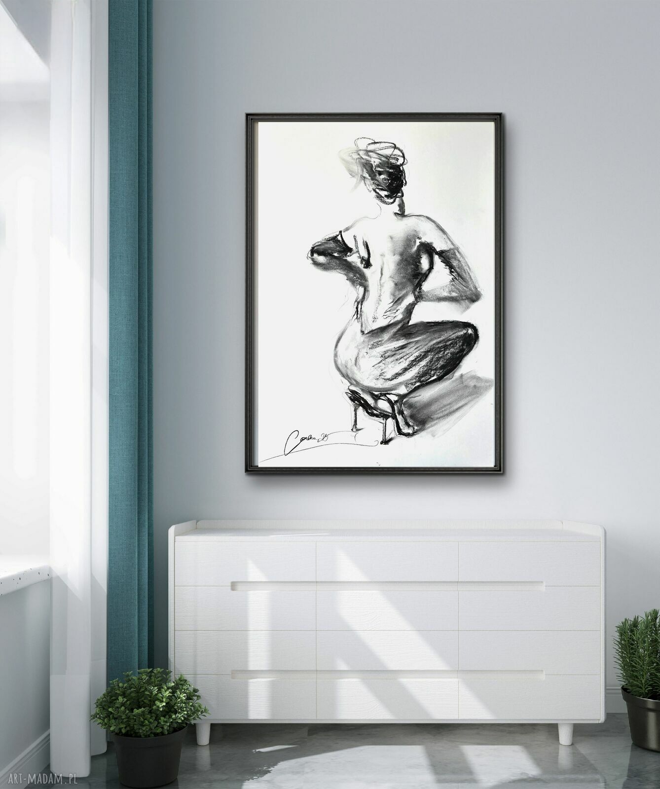 Szpilki - autorski szkic węglem kobiety 100x70 cm do salonu