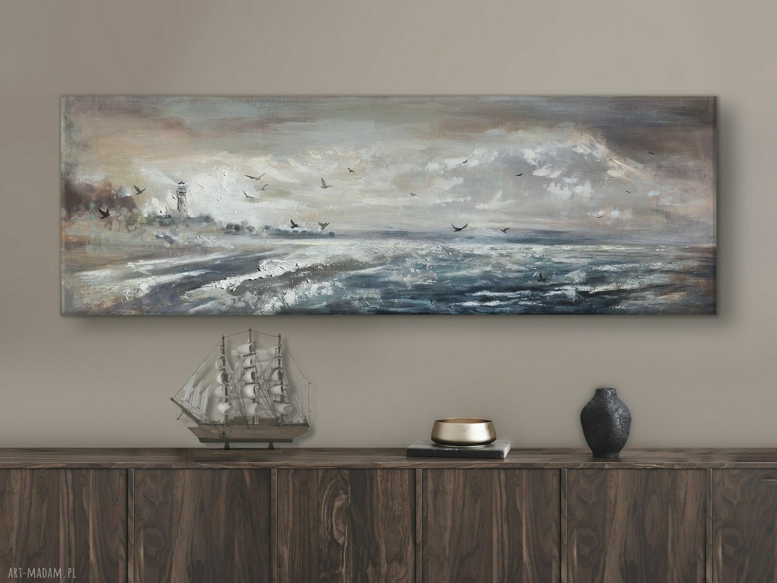 Sztorm nad morzem - morski pejzaż panoramiczny z pastą strukturalną 120x40 cm