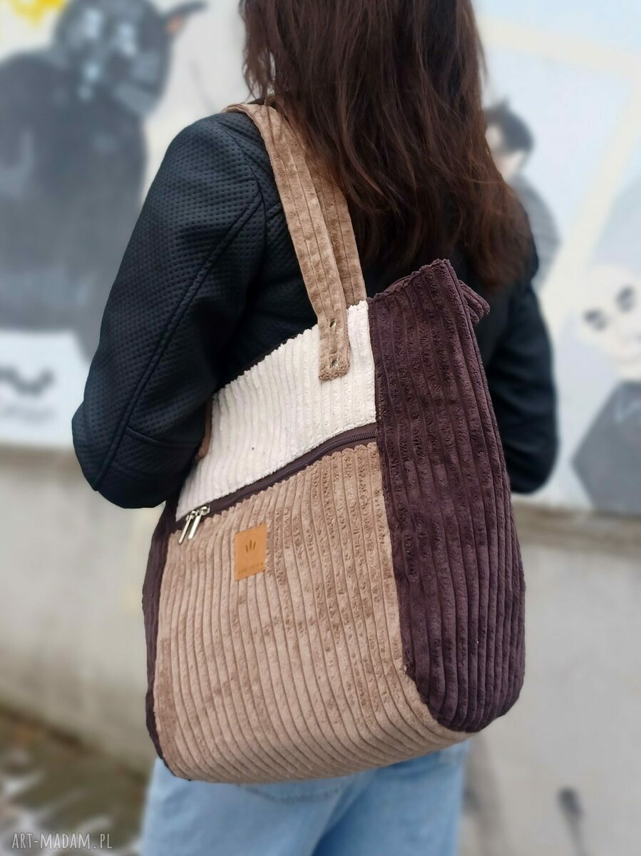 Sztruksowa duża torba shopper Mocha na ramię
