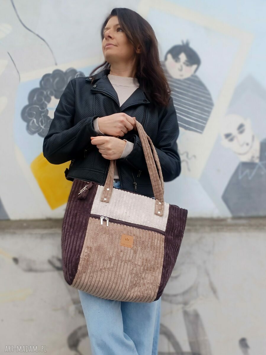 Sztruksowa duża torba shopper Mocha na ramię