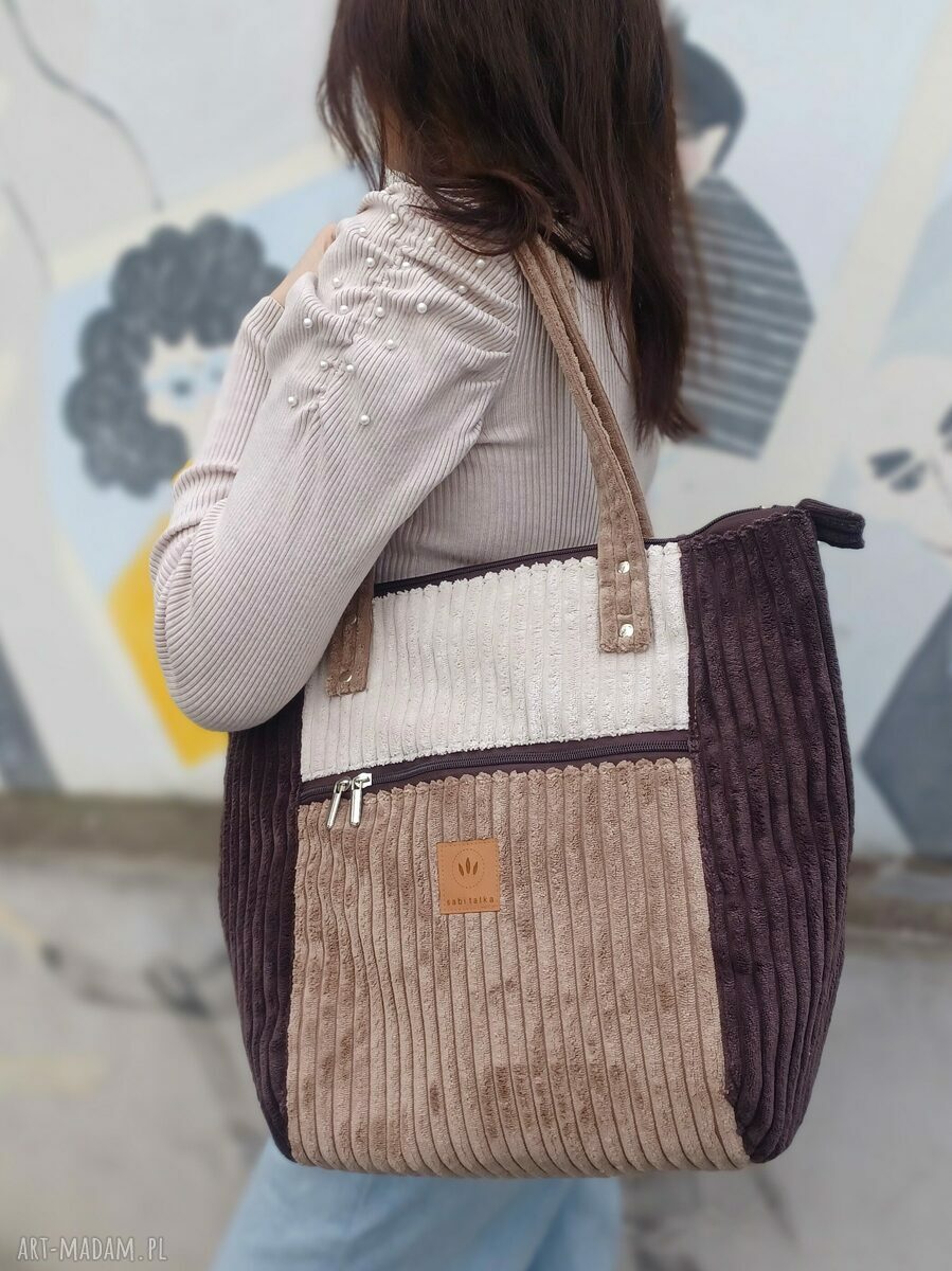 Sztruksowa duża torba shopper Mocha na ramię