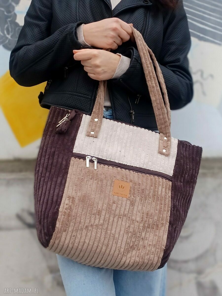Sztruksowa duża torba shopper Mocha na ramię