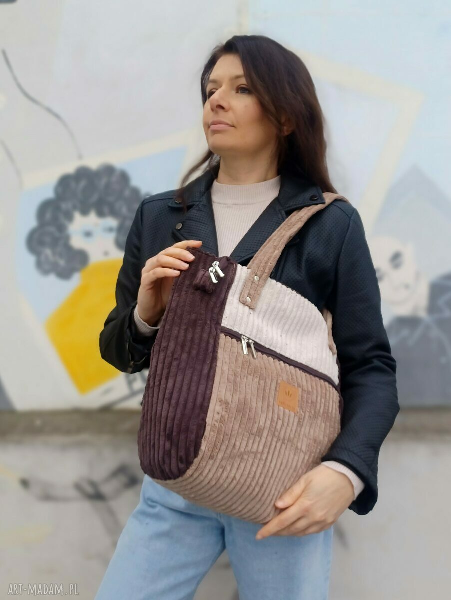 Sztruksowa duża torba shopper Mocha na ramię