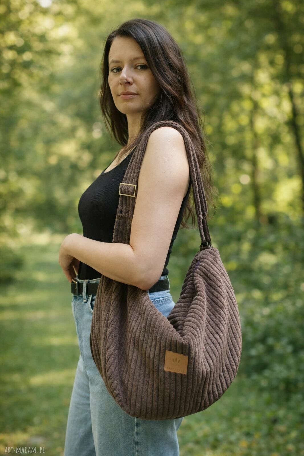 Sztruksowa torba hobo brązowa na ramię - pojemna torebka handmade