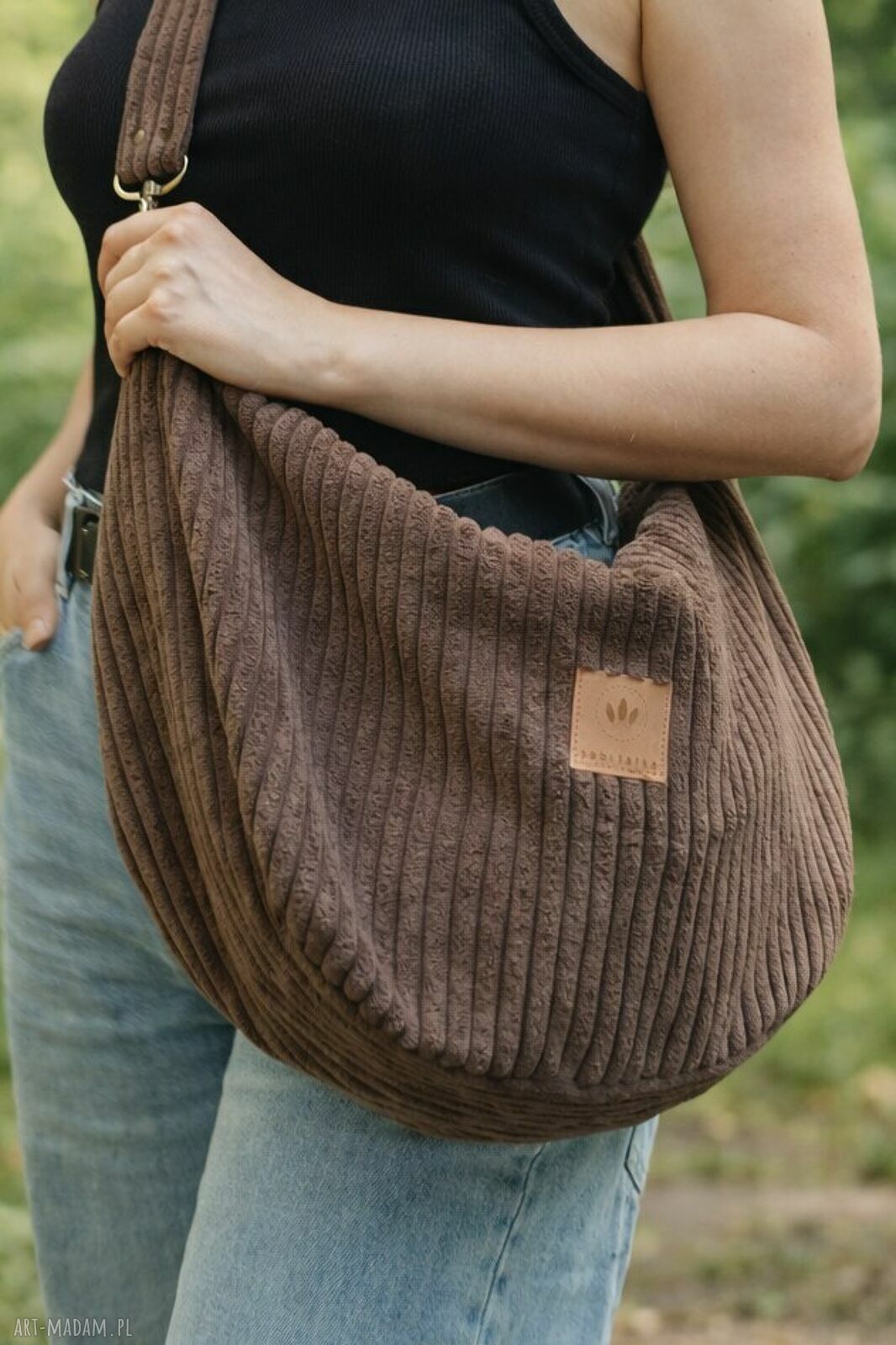Sztruksowa torba hobo brązowa na ramię - pojemna torebka handmade