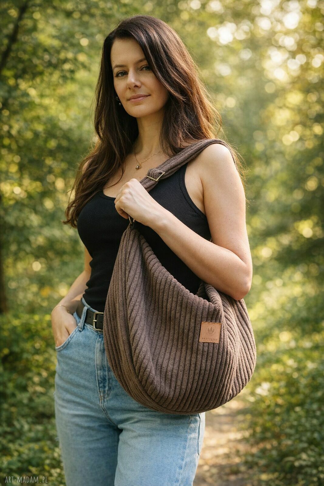 Sztruksowa torba hobo brązowa na ramię - pojemna torebka handmade